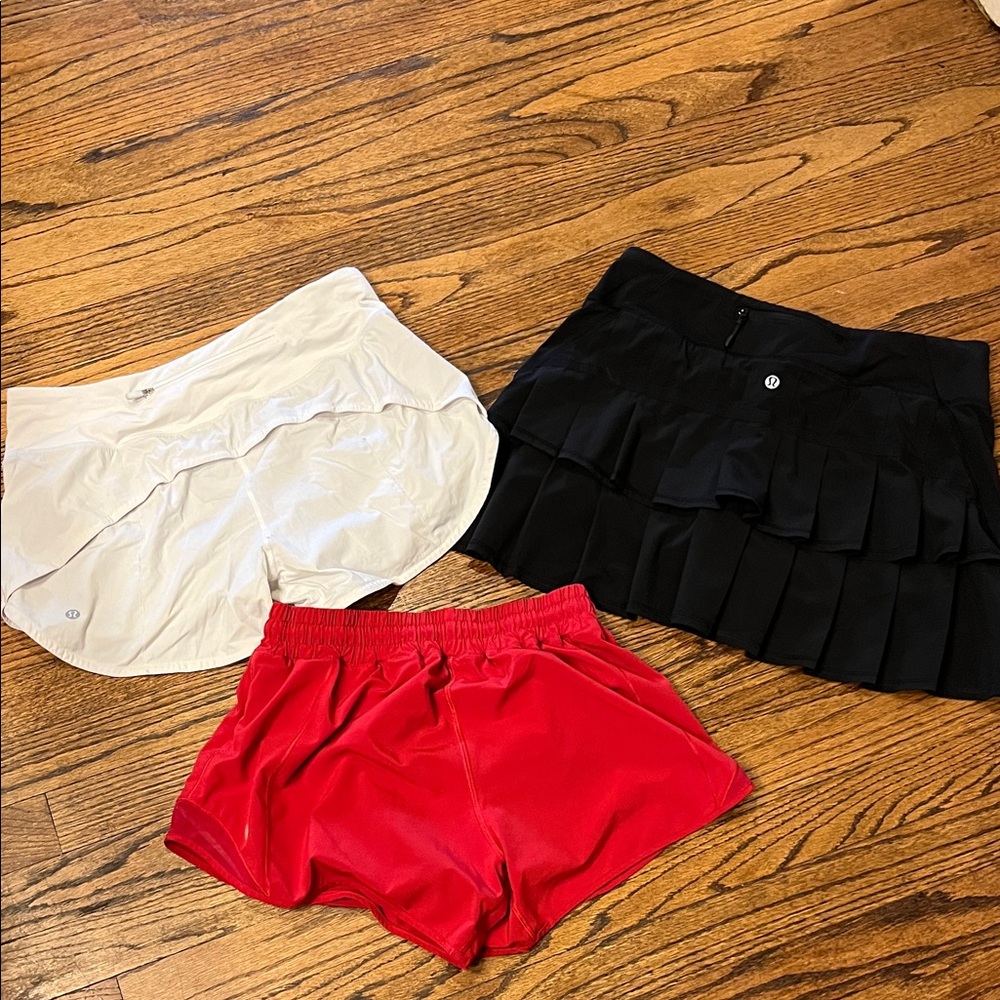 Lululemon Red shorts, White Shorts and Black skirt